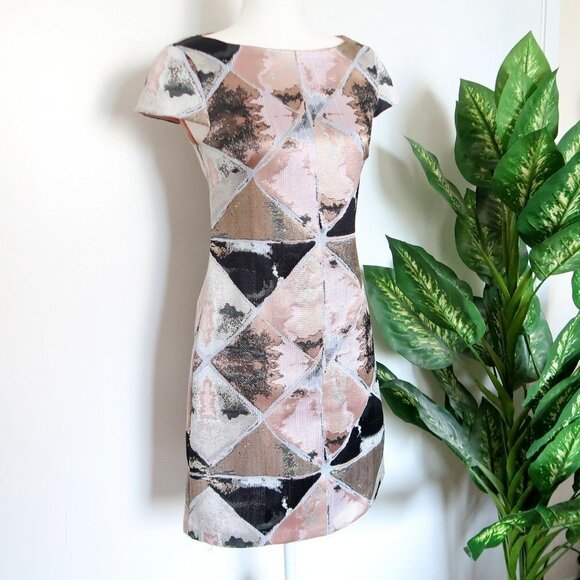 Vince Camuto Pink, Metallic & Black Cap Sleeve Jacquard Fit & Flare Mini Dress 2 - Picture 1 of 8